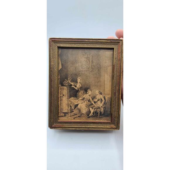 Antique 1920s Hand Carved Wood Jewelry Box French Victorian Print. Velvet Lining - Picture 15 of 16